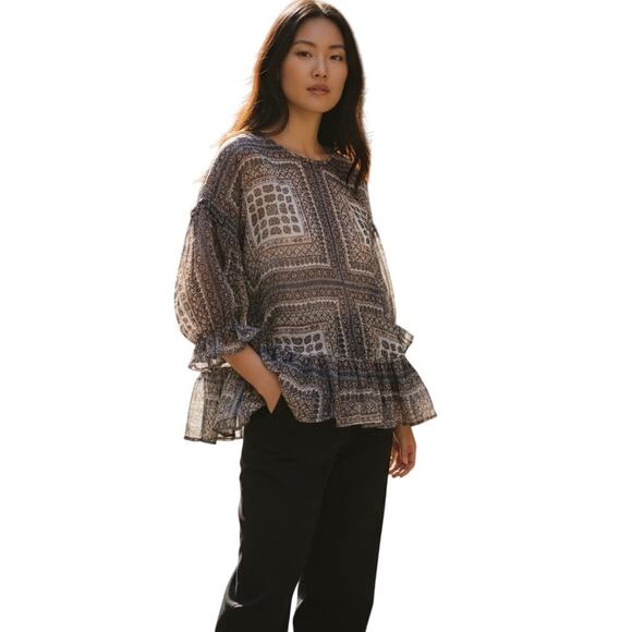 Anthropologie Blouse Sheer Balloon Sleeve Ruffle Boxy Lagenlook Eva Franco - Picture 1 of 11